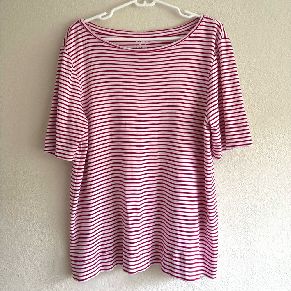 Chico's Red and White Striped Short Sleeve Tee